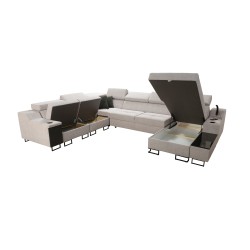 Sofá esquinero en forma de U Avanti VIII con función de cama y lámpara con USB - Terciopelo, Whisper 9 + Eco-cuero - ¡Compruébal