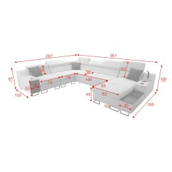Narożnik U Avanti VIII z funkcją spania i lampką z USB - Welur, Whisper 9 + Ecoskóra czarna - Sprawdź!