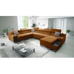 Sofá de esquina en forma de U Avanti VIII con función de cama y lámpara con USB - Terciopelo, Whisper 9 - ¡Compruébalo!