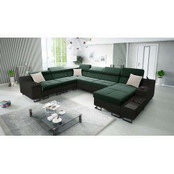 Sofá esquinero en forma de U Avanti VIII con función de cama y lámpara con USB - Terciopelo, Whisper 11 + Ecopiel negra - ¡Compr