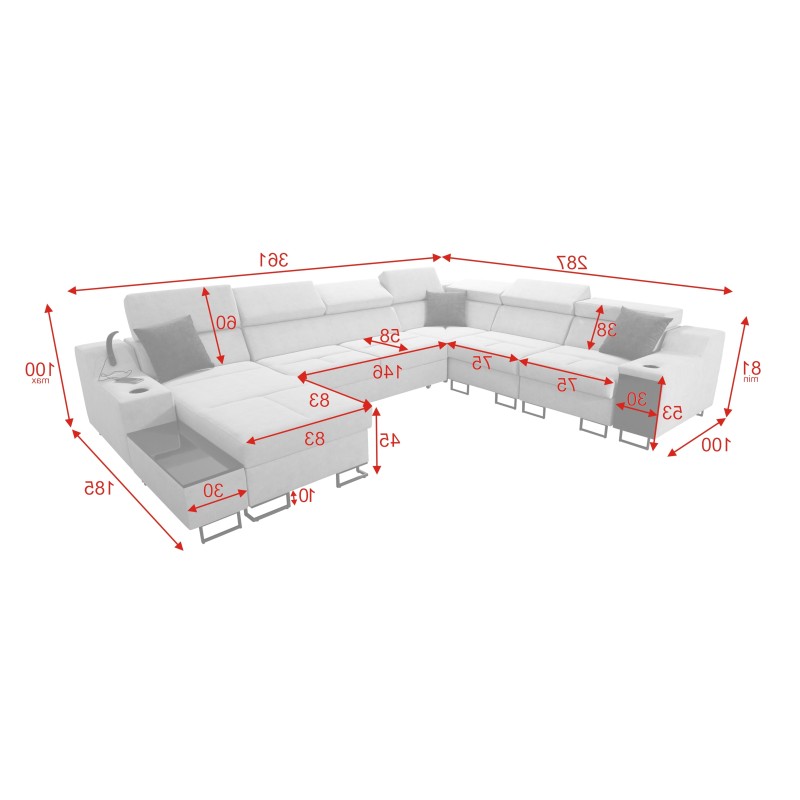 Ecksofa U Avanti VIII mit Schlaffunktion und USB-Lampe - Samt, Whisper 5 + schwarzes Kunstleder - Überprüfen Sie es!