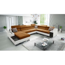 Sofá esquinero en forma de U Avanti VIII con función de cama y lámpara con USB - Terciopelo, Whisper 9 + Eco-cuero - ¡Compruébal