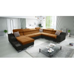 Ecksofa U Avanti VIII mit Schlaffunktion und USB-Lampe - Samt, Whisper 9 + Schwarzes Öko-Leder - Überprüfen Sie!