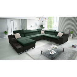 Ecksofa U Avanti VIII mit Schlaffunktion und USB-Lampe - Samt, Whisper 11 + schwarzes Ökoleder - Überprüfen!