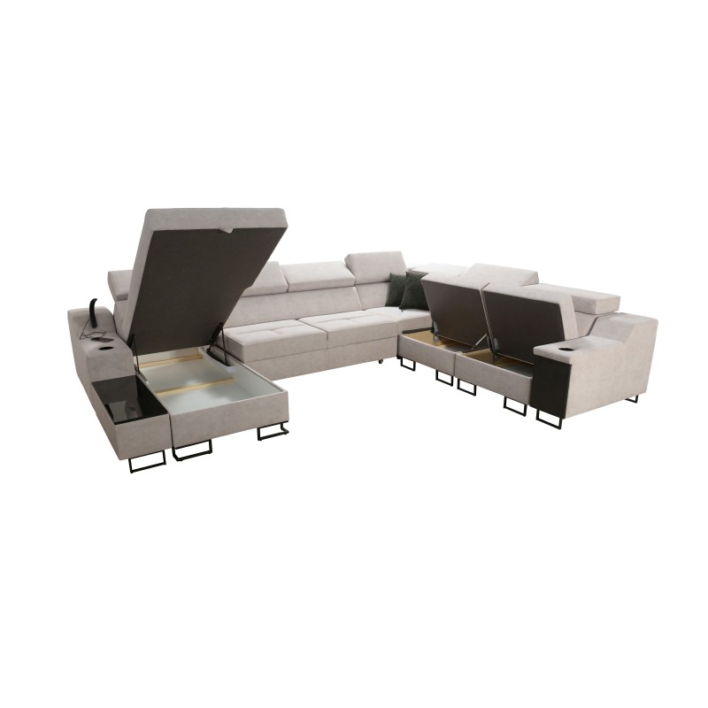 Corner Sofa U Avanti VIII with Sleeping Function and USB Lamp - Velvet, Whisper 11 + Black Eco-Leather - Check it out!