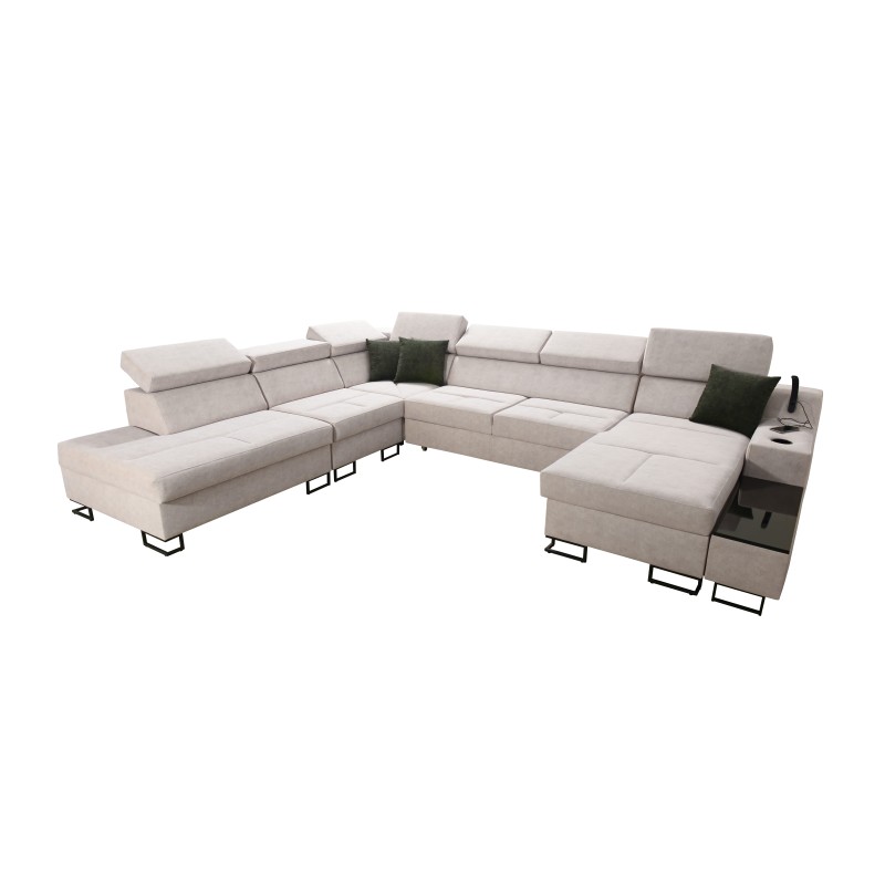 U-shaped Avanti X sectional sofa with a sleeping function and USB lamp | Velvet, Whisper 3 + Black Eco-leather