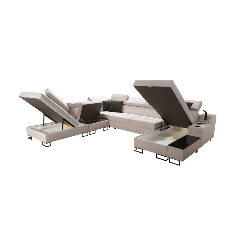 U-shaped Avanti X sectional sofa with a sleeping function and USB lamp | Velvet, Whisper 3 + Black Eco-leather