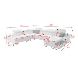 U-shaped Avanti X sectional sofa with a sleeping function and USB lamp | Velvet, Whisper 3 + Black Eco-leather