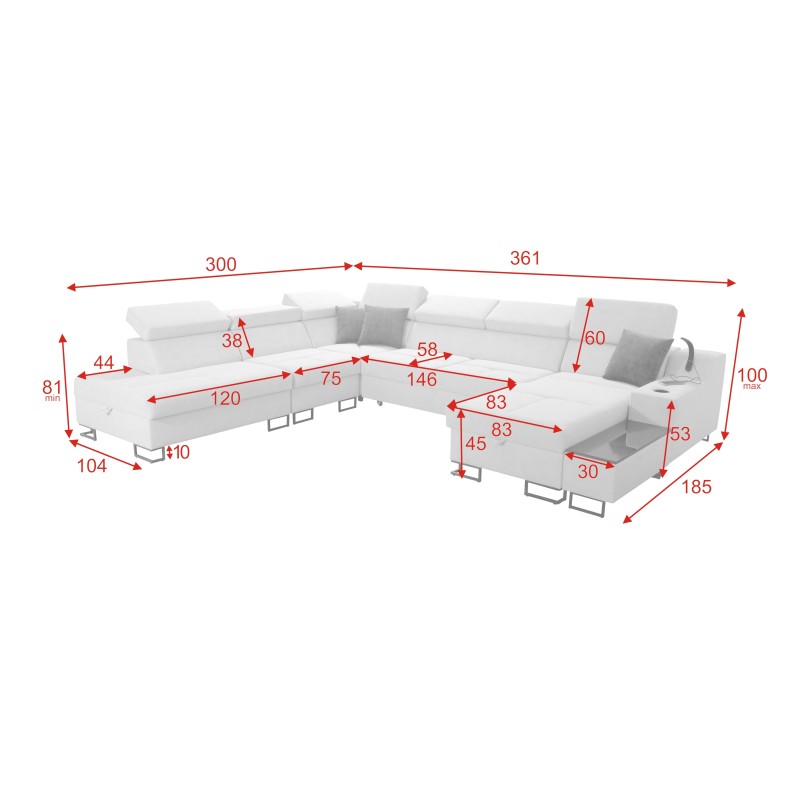 U-shaped Avanti X sectional sofa with a sleeping function and USB lamp | Velvet, Whisper 3 + Black Eco-leather