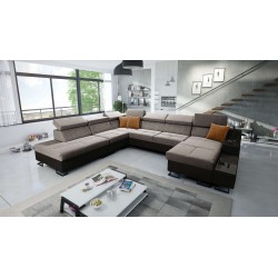 Sofá en forma de U Avanti X con función de cama y lámpara USB | Terciopelo, Whisper 5 + Ecocuero negro