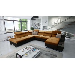 U-förmiges Ecksofa Avanti X mit Schlaffunktion und USB-Lampe | Velours, Whisper 9 + schwarzes Kunstleder